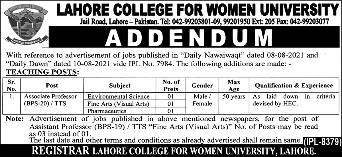 Lcwu Jobs For Associate Professors Addendum Lahore College For