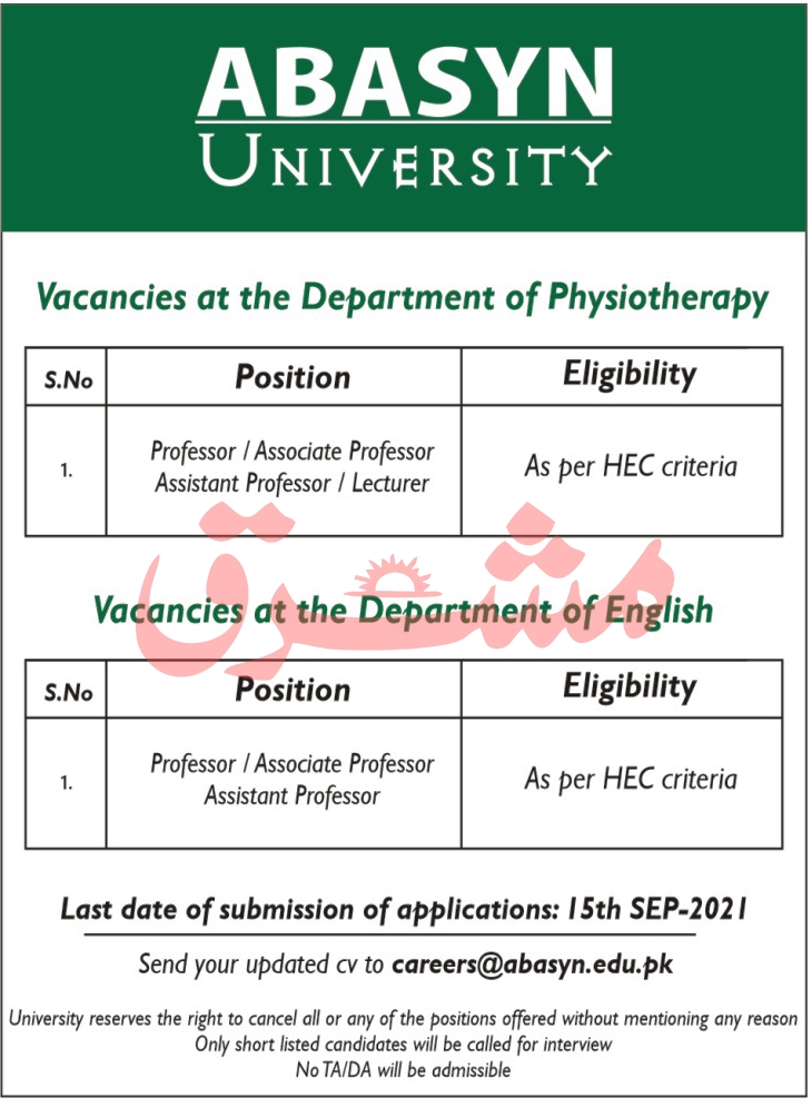 Abasyn University Peshawar Jobs 2021 For Lecturers Assistant