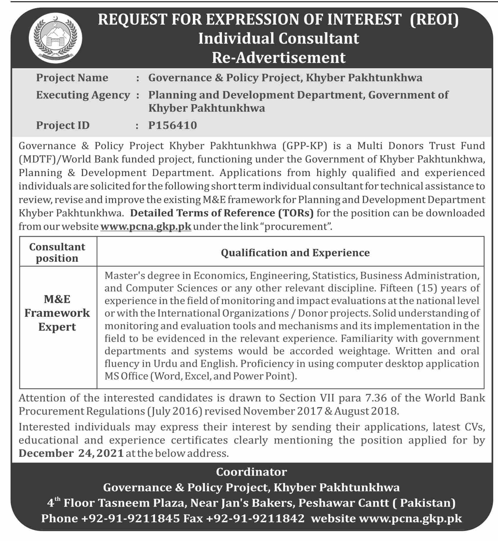 Planning Development Department Kpk Jobs For M E Framework