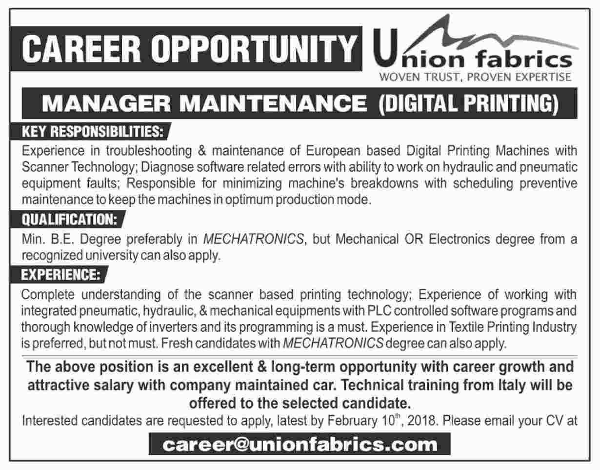 Union Fabrics Karachi Jobs 2018 Advertisement Latest