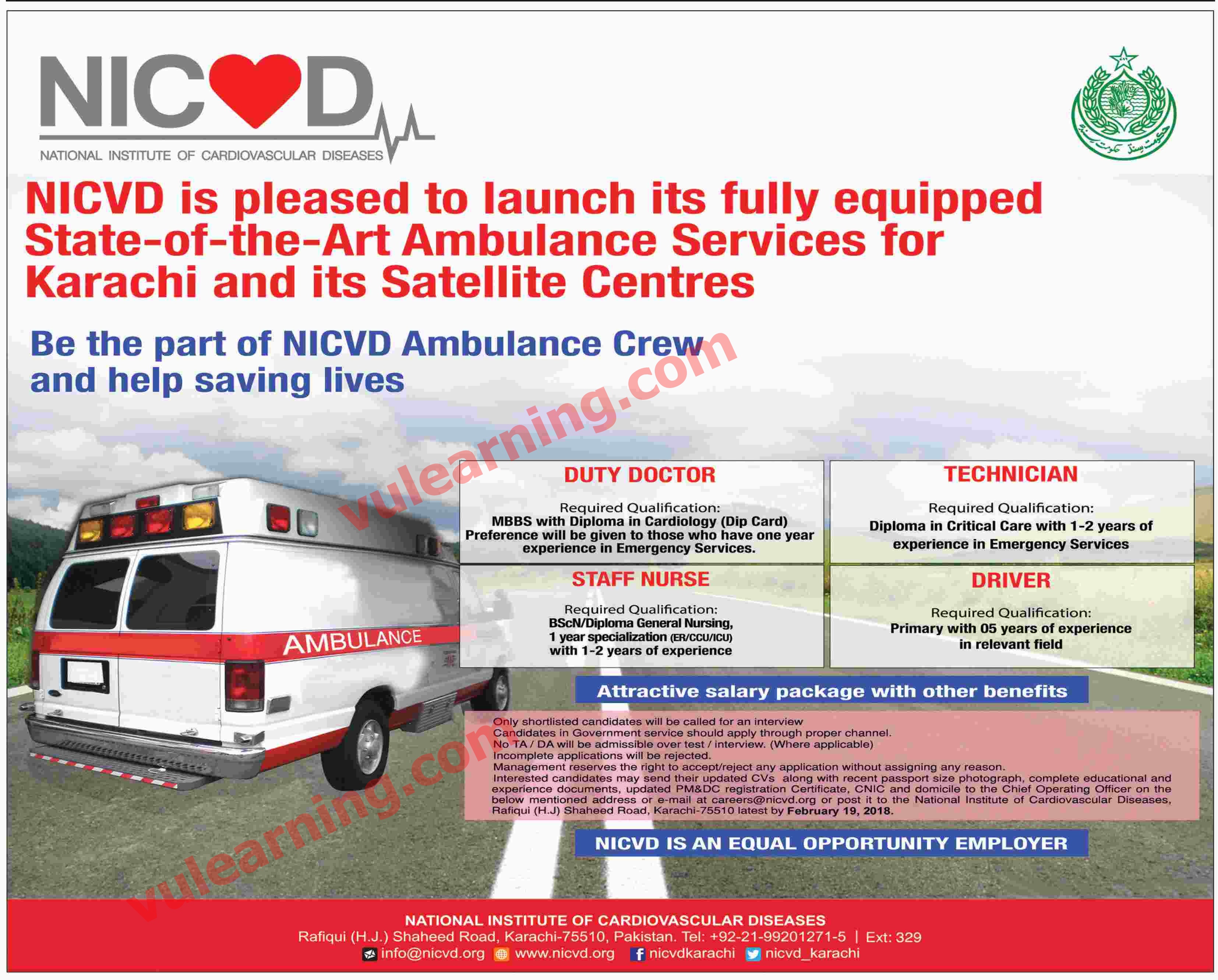 NIVCD Ambulance Crew Jobs 2018 For Karachi Satellite Centres 