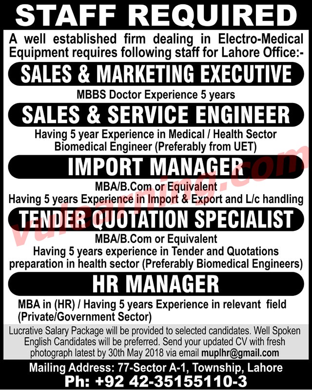 Jobs in Lahore 2018 for well established Firm dealing in Electro