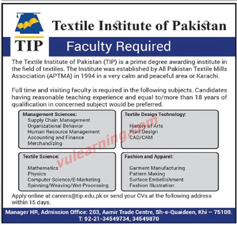 Textile Institute Of Pakistan Karachi Jobs 2018 For Teaching Faculty ...