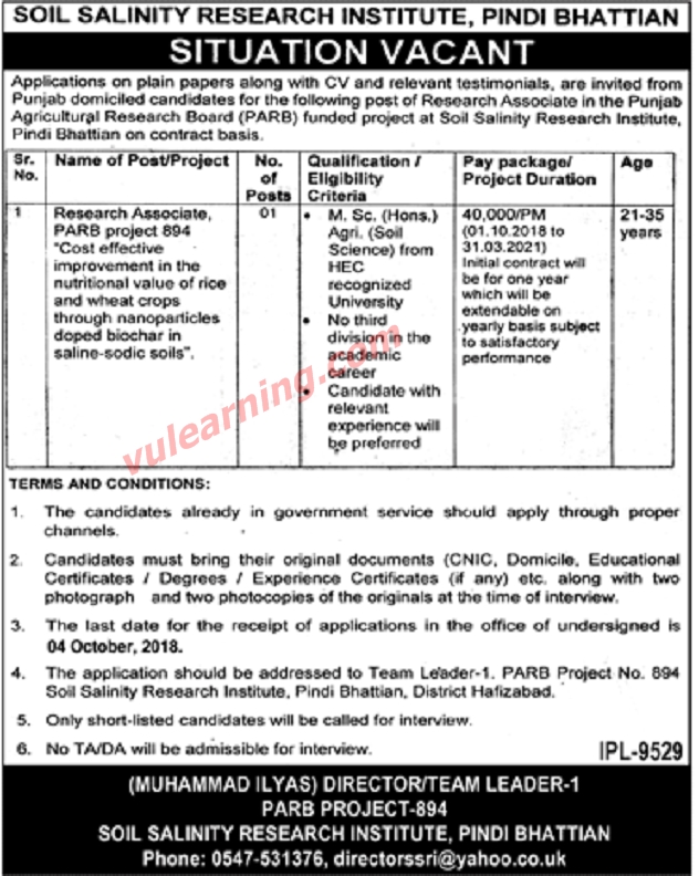 Soil Salinity Research Institute Pindi Bhattian Jobs 2018 for Research