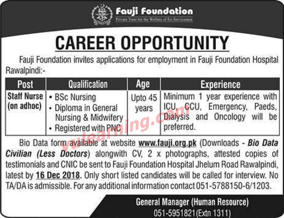 Fauji Foundation Hospital Rawalpindi Jobs 2018 for Staff Nurse Latest