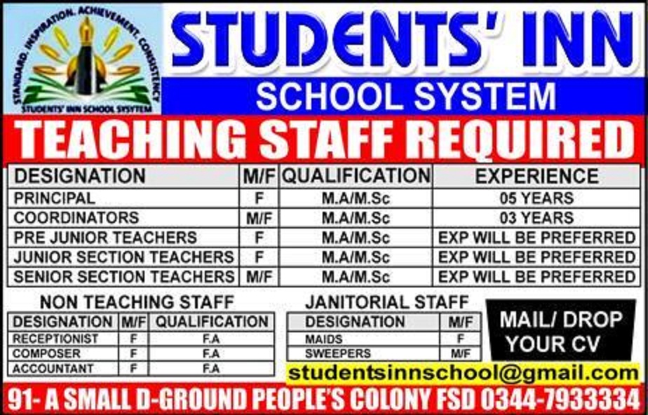 Students' Inn School System Faisalabad Jobs 2019 for Teaching, Non