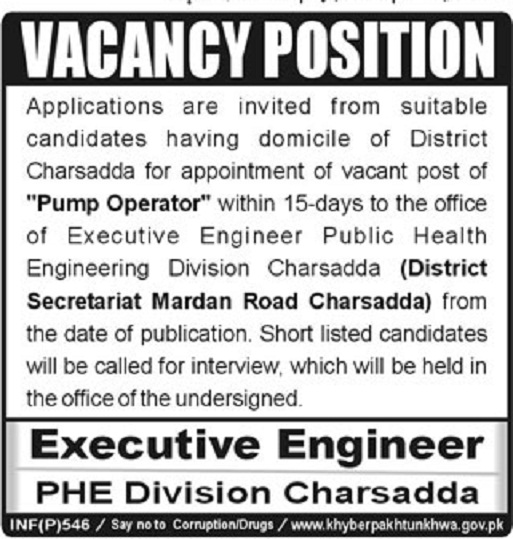 Public Health Engineering Division Charsadda Jobs 2019 for Pump