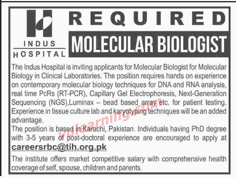 The Indus Hospital Karachi Jobs 2019 for Molecular Biologist Latest
