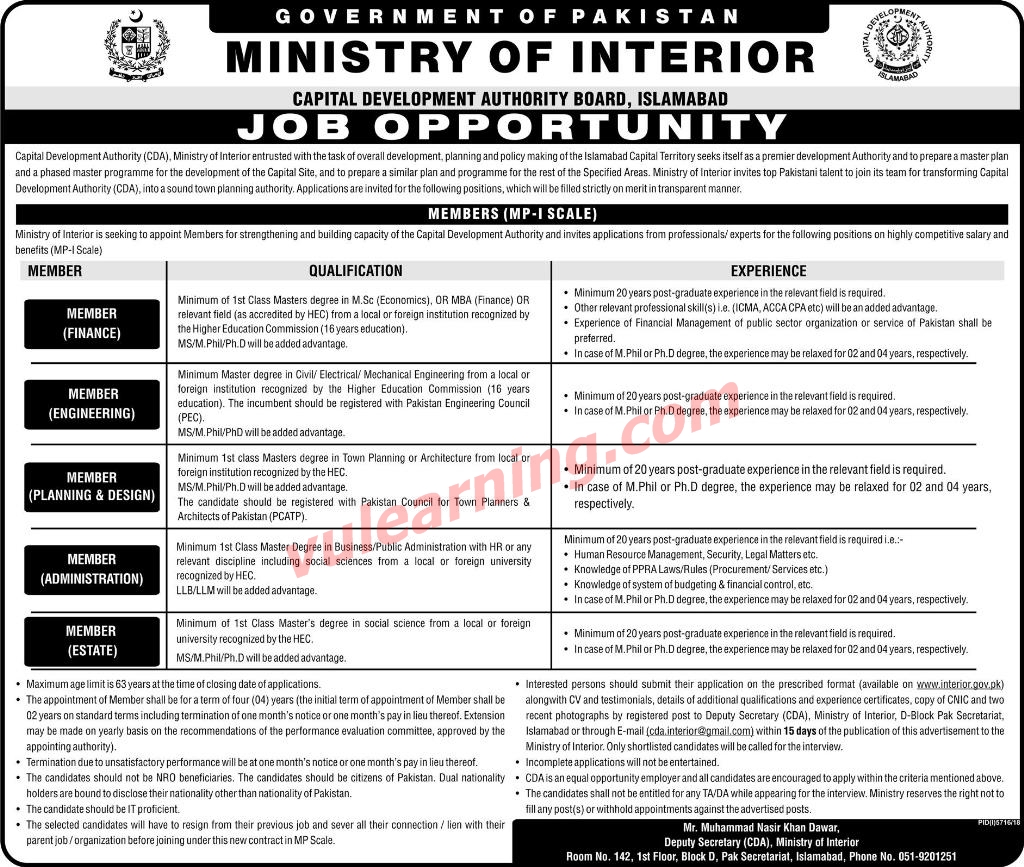 Govt Of Pakistan Ministry Of Interior Jobs 2019 For Capital
