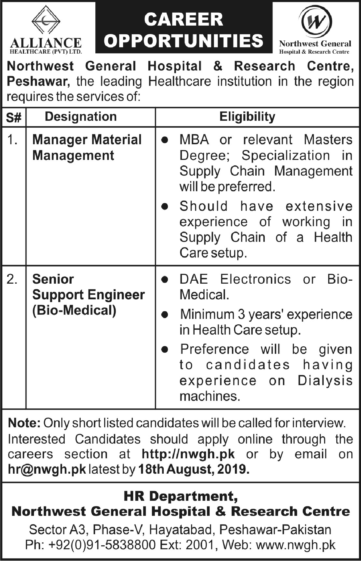 Northwest General Hospital Research Centre Peshawar Jobs 2019 For