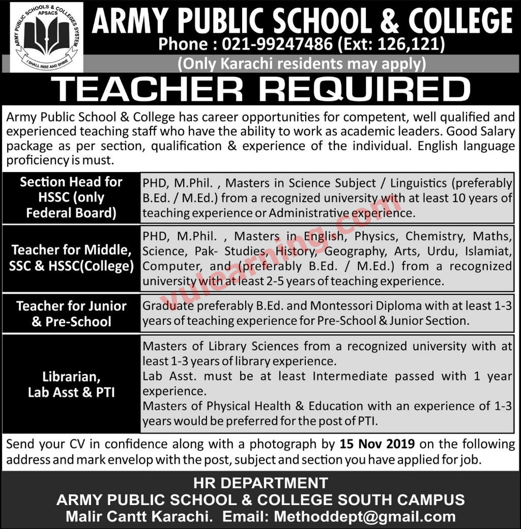 Teaching jobs in army public school karachi