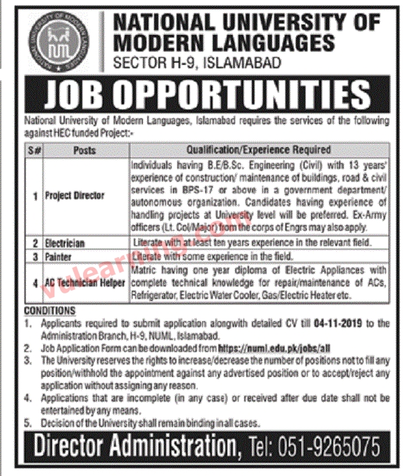 NUML Islamabad Jobs 2019 for Project Director, Technician, Painter & AC