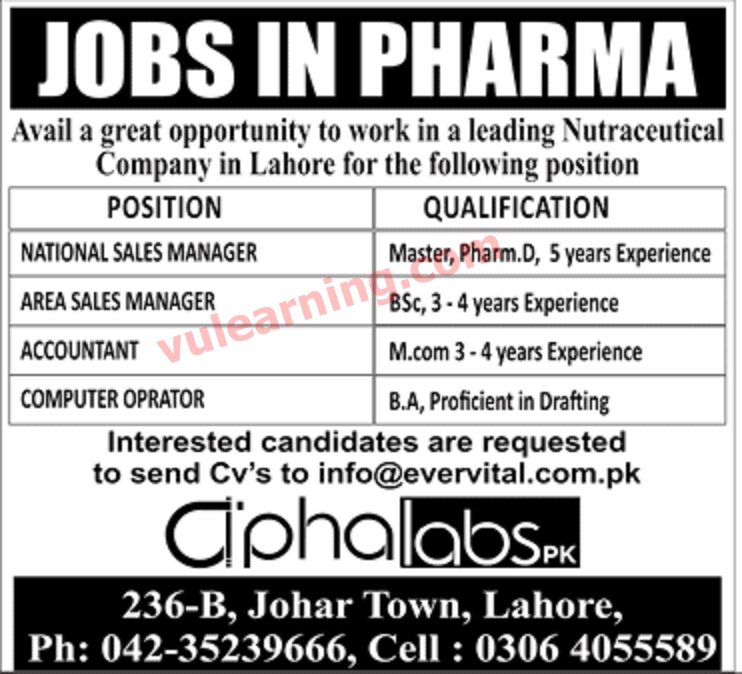 Alpha Labs Lahore Jobs 2019 for National Sales Manager, Area Sales