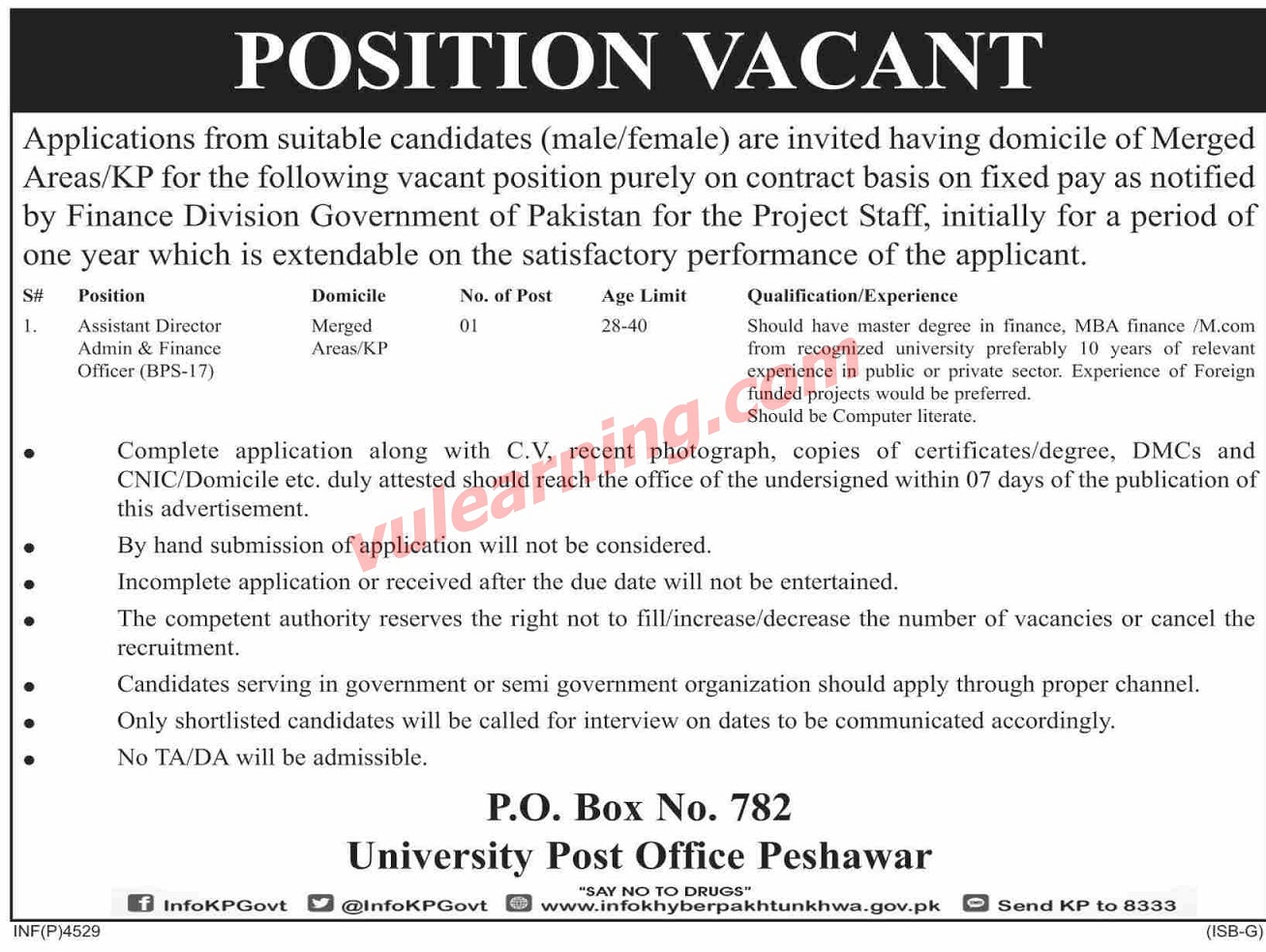 Public Sector Organization Po Box No Peshawar Jobs For