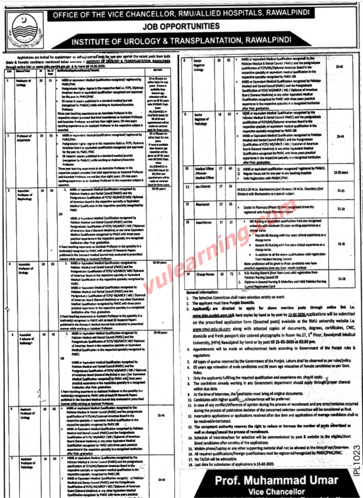 Institute Of Urology Transplantation Rawalpindi Jobs 2020 Vacancies