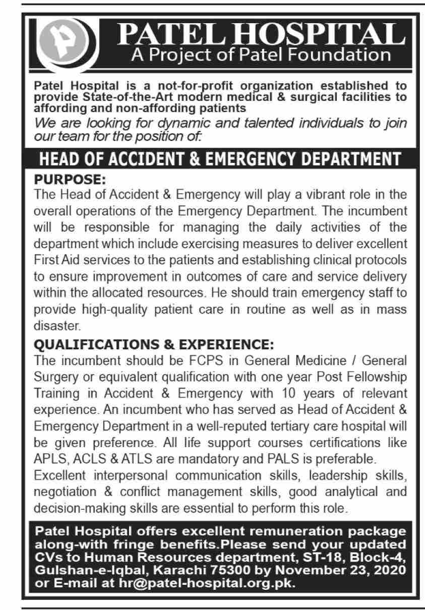 Advertisement Of Patel Hospital Karachi Jobs 2020 For Head Of Accident