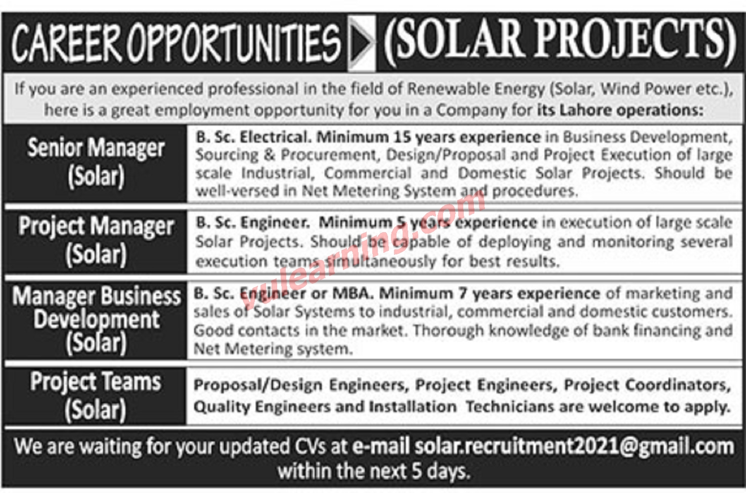 Solar Company Jobs 2021 for Managers in Lahore Latest