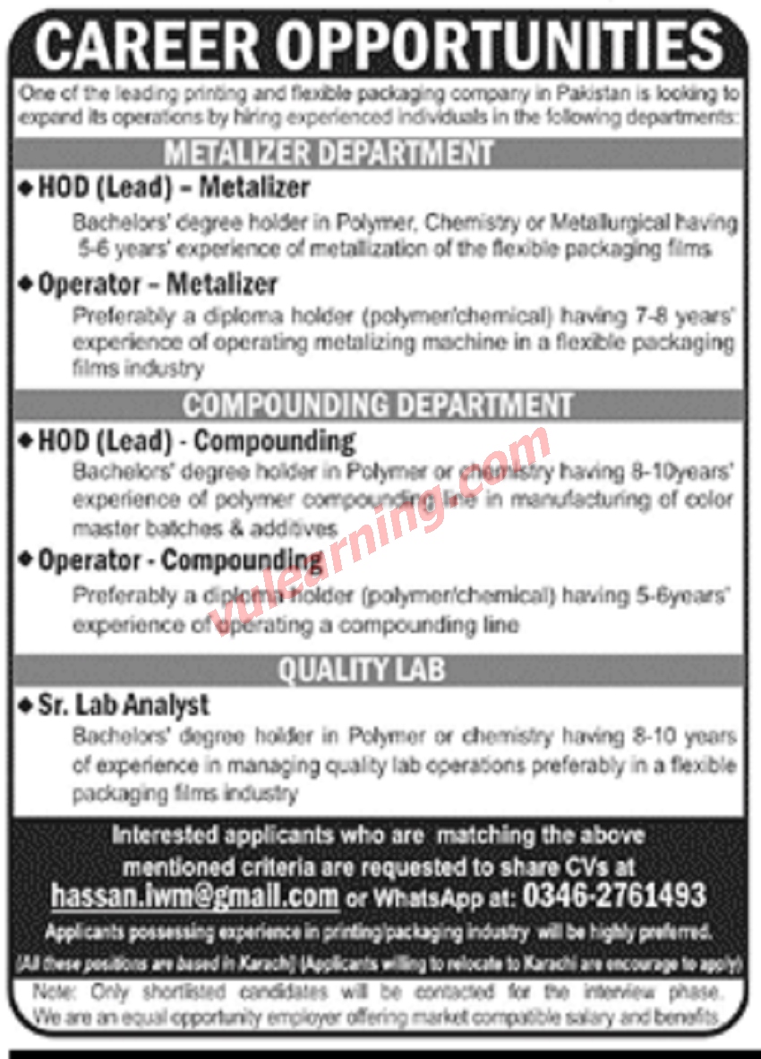 Leading Printing & Flexible Packaging Company Jobs 2021 for HOD