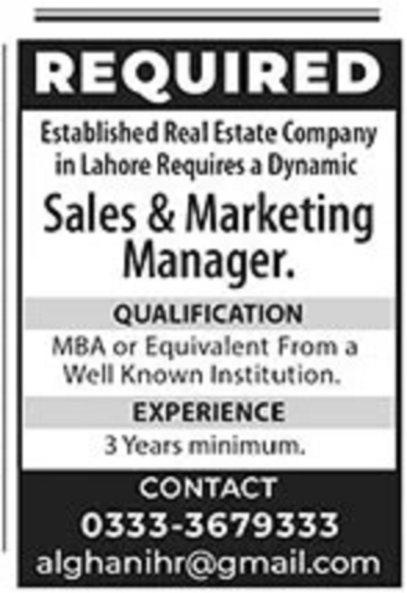 Established Real Estate Company Jobs 2021 for Sales & Marketing Manager