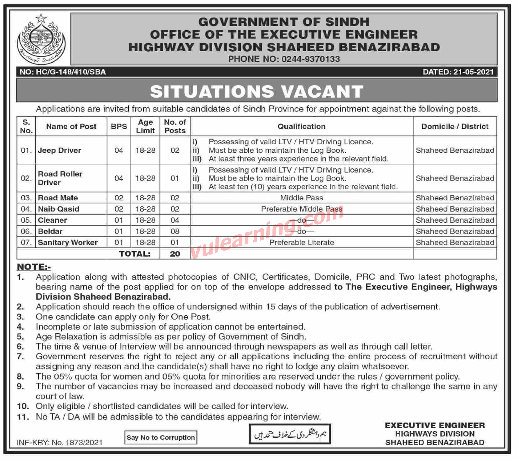 Highways Division Shaheed Benazirabad Jobs 2021 for Beldar, Drivers