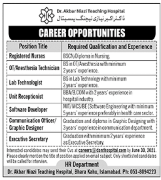 Dr. Akbar Niazi Teaching Hospital Islamabad Jobs 2021 for Nurses ...