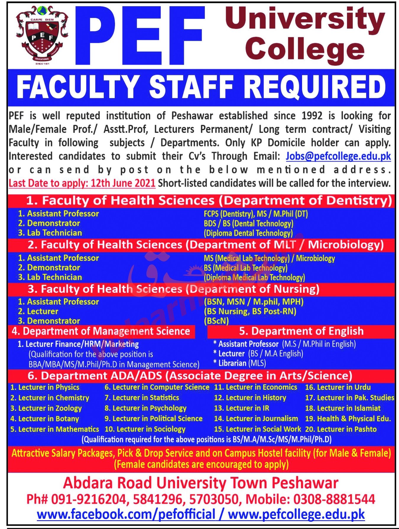 Pef University College Peshawar Jobs 2021 For Lecturers Assistant