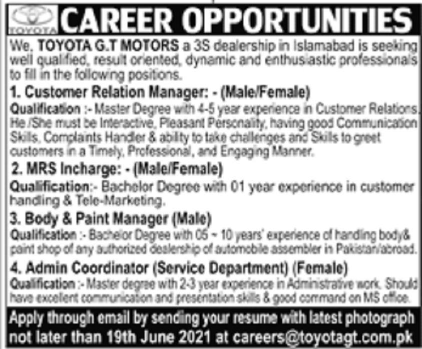 Toyota G.T Motors Islamabad Jobs 2021 for Customer Relation Manager