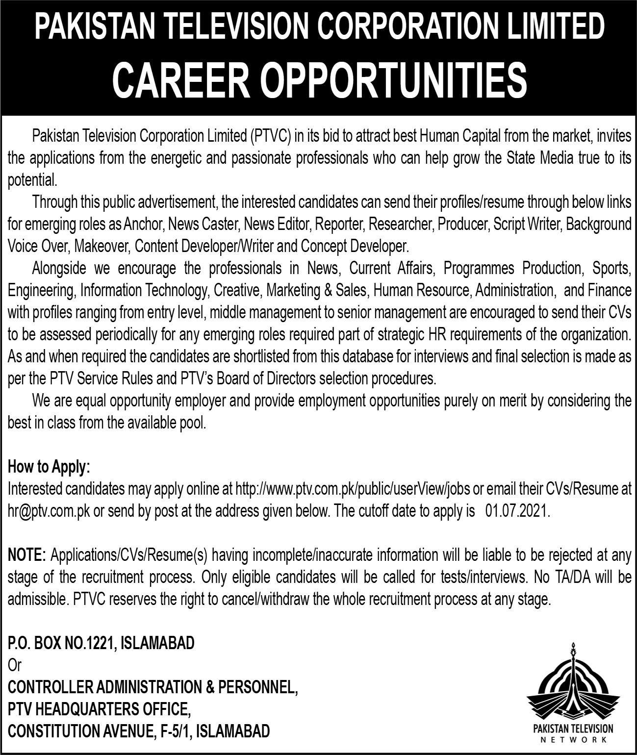 PTV Jobs 2021 for Anchor, News Caster, News Editor, Reporter