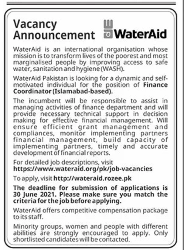 WaterAid NGO Jobs 2021 For Finance Coordinator At Islamabad Apply ...