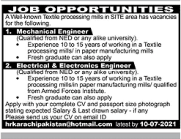 WellKnown Textile Processing Mills Karachi Jobs 2021 for Mechanical