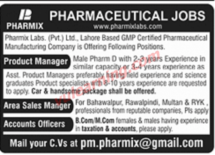 Pharmix Labs Pvt Ltd Lahore Jobs 2021 for Product Manager, Area Sales