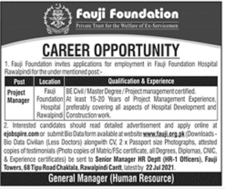 Fauji Foundation Jobs 2021 for Project Manager in Fauji Foundation Hospital Rawalpindi Latest