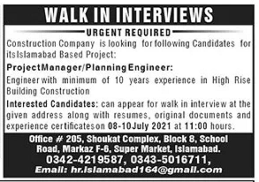 Construction Company Jobs 2021 for Project Manager / Planning Engineer