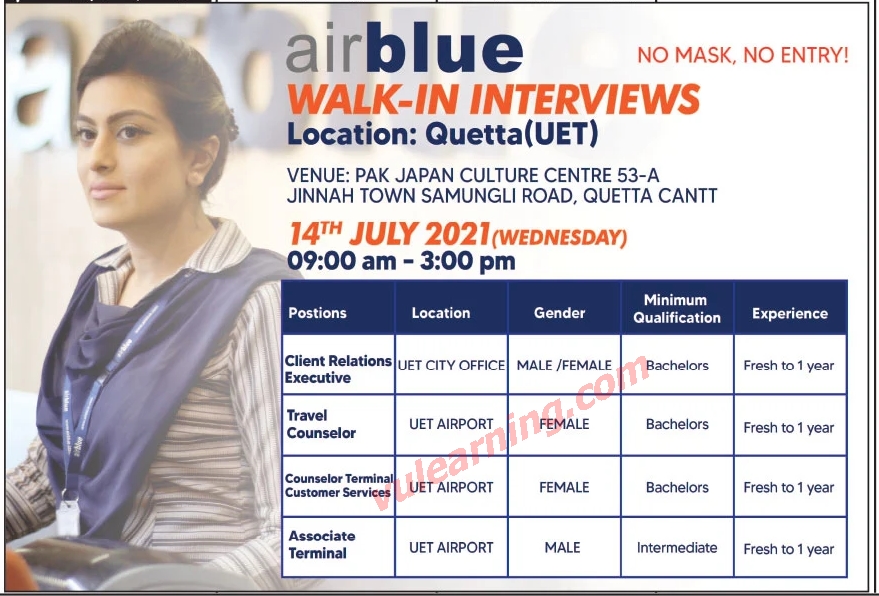 Advertisement of Air Blue Jobs 2021 July Customer Services / Travel