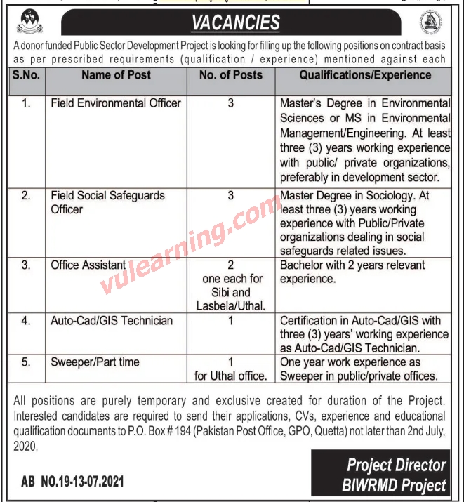 Donor Funded Public Sector Development Project BIWRMD Jobs 2021 for