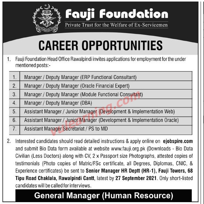 Fauji Foundation Jobs 2021 for Managers / Deputy Managers & Assistant