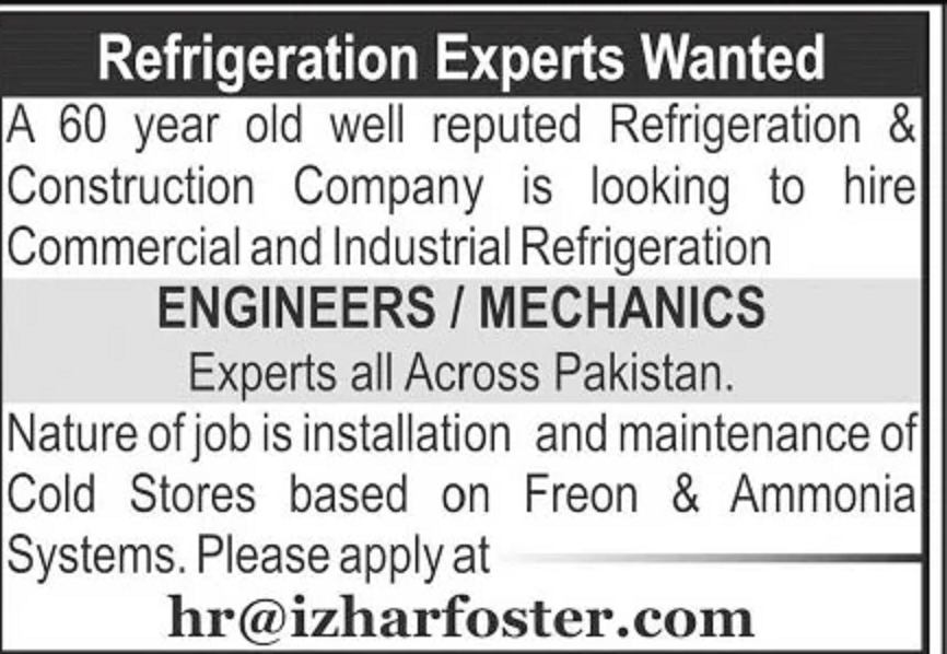 Well Reputed Refrigeration & Construction Company Jobs 2020 for