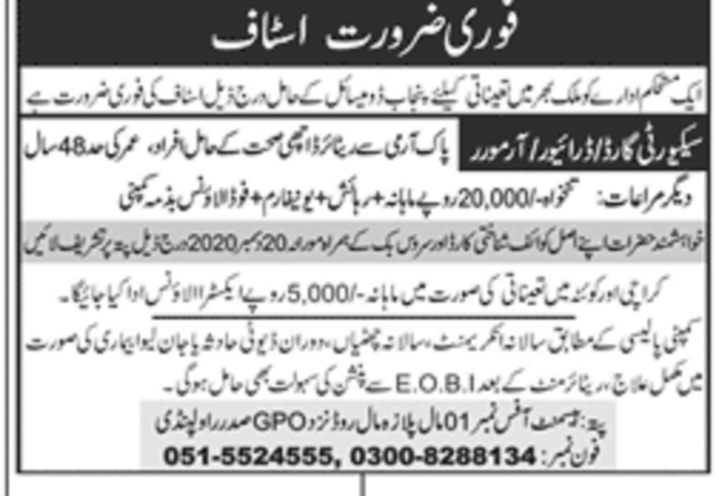 Rawalpindi Organization Jobs 2020 for Security Guard / Driver / Armorer