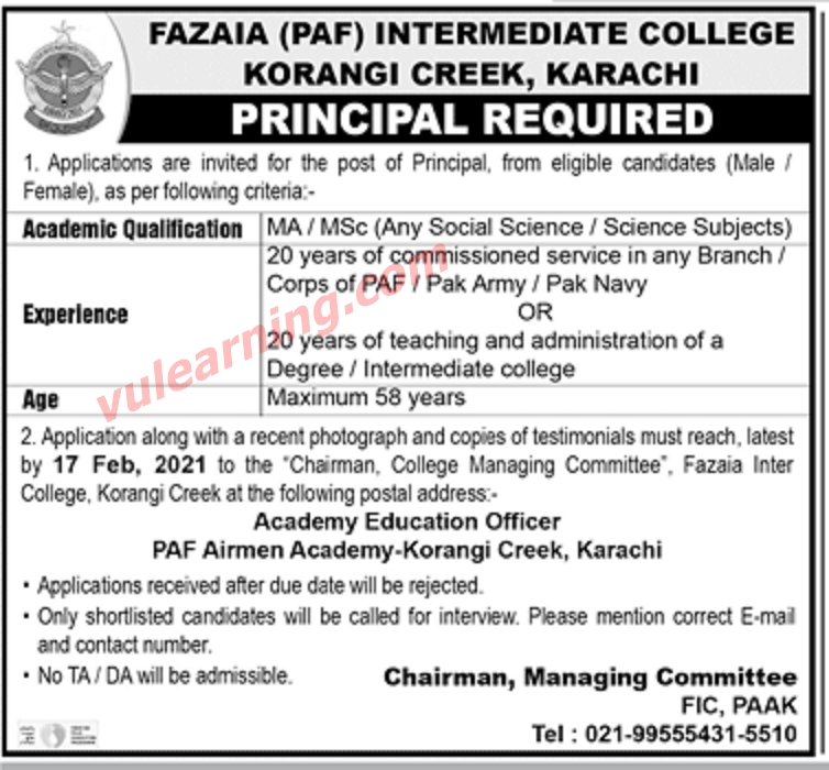 Fazaia (PAF) Intermediate College Korangi Creek Karachi Jobs 2021 for Principal Latest
