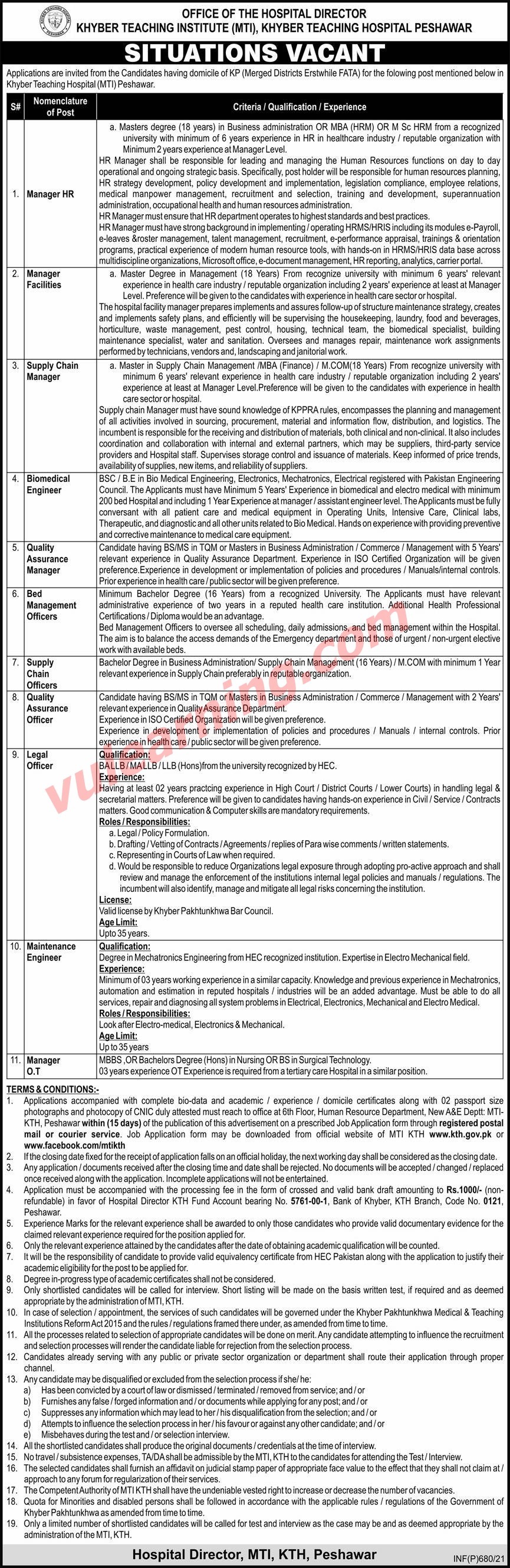 Khyber Teaching Hospital (MTI) Peshawar Jobs 2021 for Managers, Bed