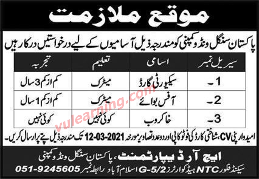 Pakistan Single Window Company Islamabad Jobs 2021 for Security Guard