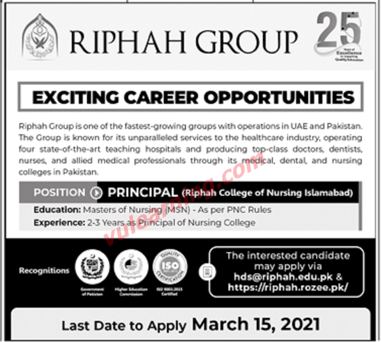 Riphah Group Jobs 2021 for Principal of Riphah College of Nursing ...