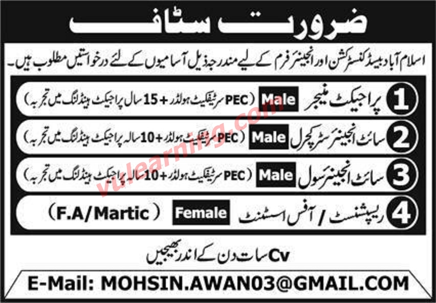 Islamabad Based Construction & Engineering Firm Jobs 2021 for Project