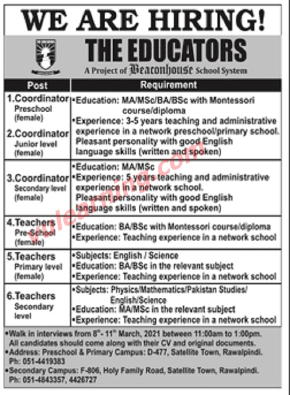 The Educators Rawalpindi Campuses Jobs 2021 for Teachers & Coordinators