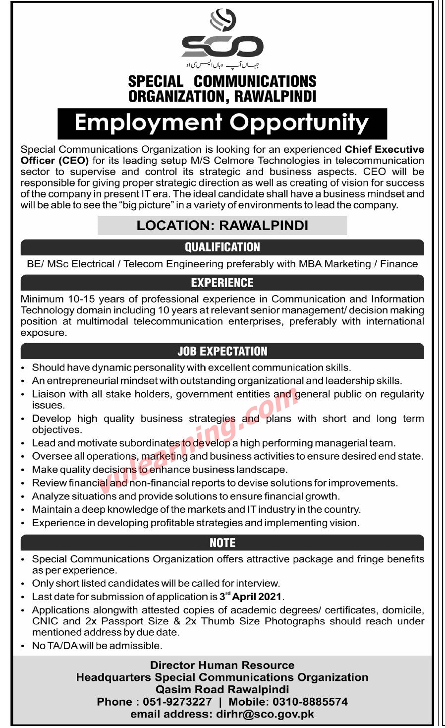 Advertisement Of Special Communications Organization SCO Rawalpindi Jobs 2021 For Chief 