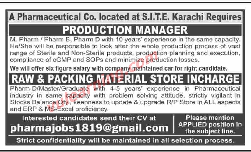 Pharmaceutical Company Jobs 2021 for Production Manager & Store