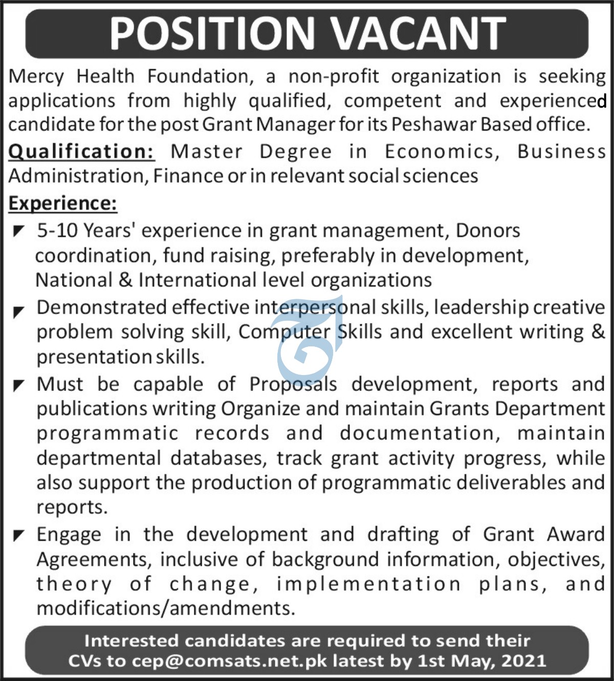 Mercy Health Foundation Jobs 2021 for Grant Manager at Peshawar Latest