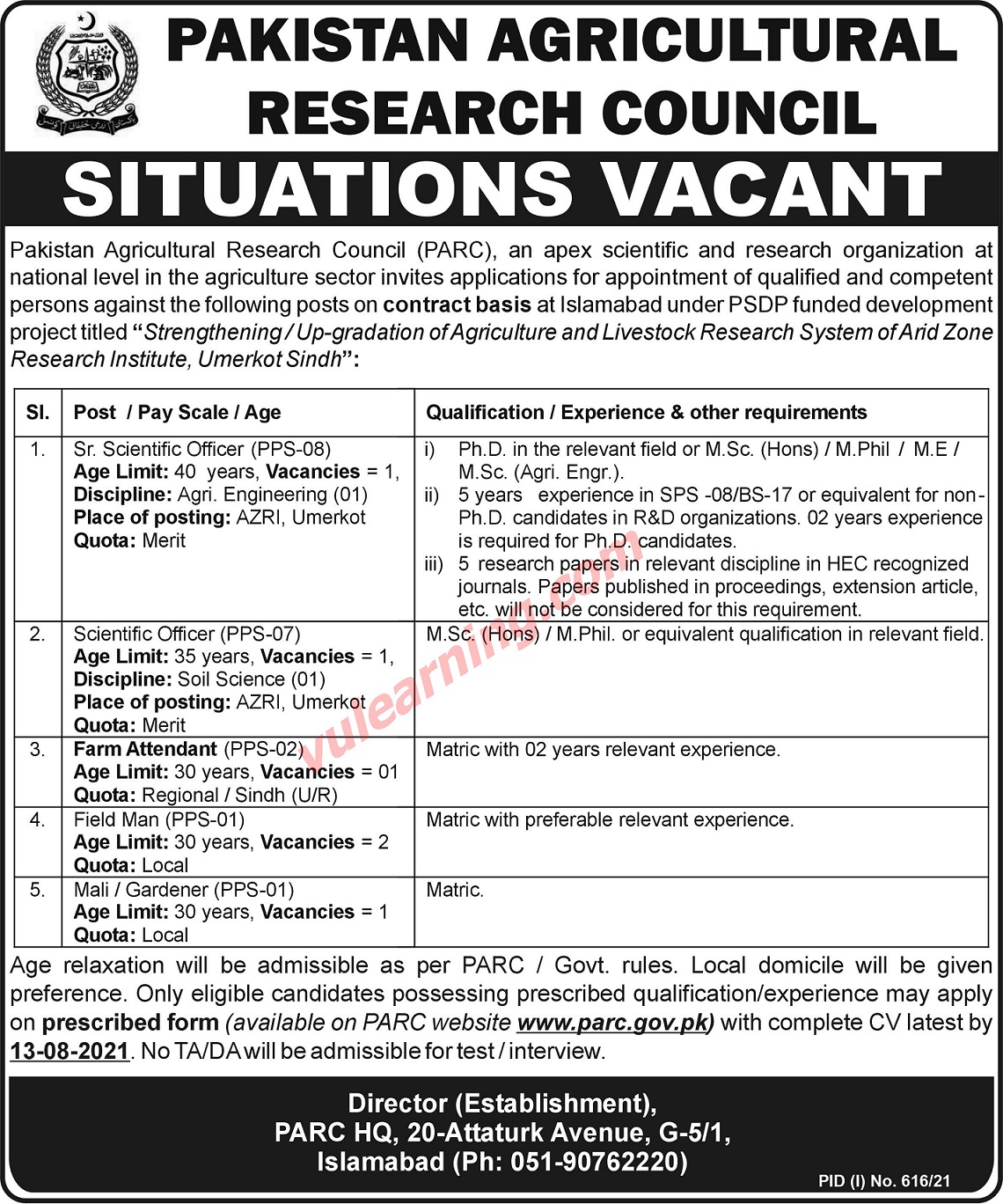 Advertisement of Pakistan Agricultural Research Council PARC Islamabad