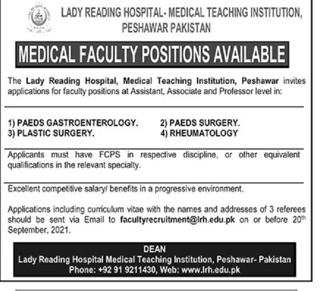 LRH MTI Peshawar Jobs 2021 For Medical Teaching Faculty Lady Reading ...