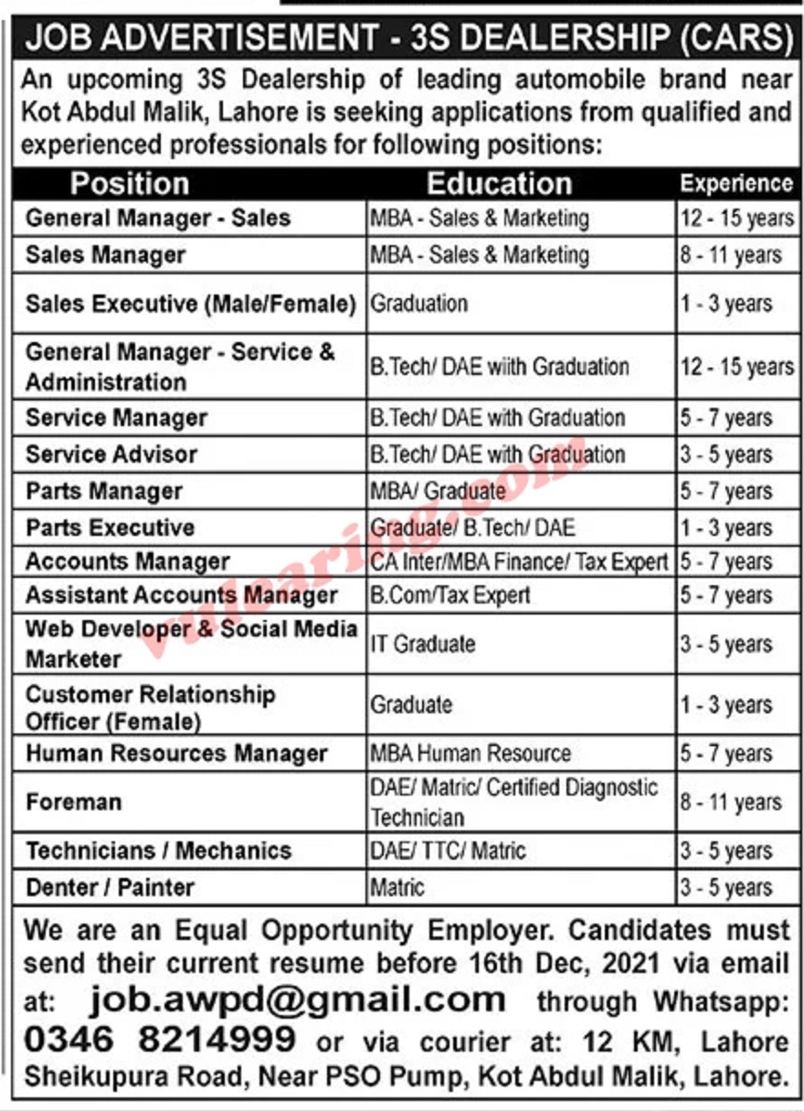 3S Dealership of Cars Jobs 2021 for Managers, Technicians